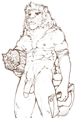 abs anthro axe balls biceps body_hair chest_hair flaccid frown genitals happy_trail humanoid_genitalia humanoid_penis looking_at_viewer male melee_weapon muscular muscular_anthro muscular_male nipples nude pecs penis simple_background solo tail tail_tuft tuft weapon white_background wood pockyrumz felid lion mammal pantherine hi_res