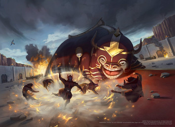 ambiguous_gender armor building cloud explosion feral group headgear helmet horn magic open_mouth outside quadruped text mael_oh avatar:_the_last_airbender hasbro magic:_the_gathering nickelodeon wizards_of_the_coast appa_(avatar) bovid bovine human mammal sky_bison english_text hi_res official_art