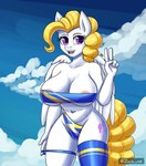 anthro areola areola_slip big_breasts blonde_hair breasts clothing cloud cutie_mark female gesture hair hand_gesture leg_accessory legwear long_hair long_tail looking_at_viewer midriff multicolored_clothing navel open_mouth outside purple_eyes sky solo standing tail thigh_highs v_sign white_body wings yellow_tail zachc hasbro my_little_pony mythology surprise_(pre-g4) equid equine horse mammal mythological_creature mythological_equine pegasus pony hi_res