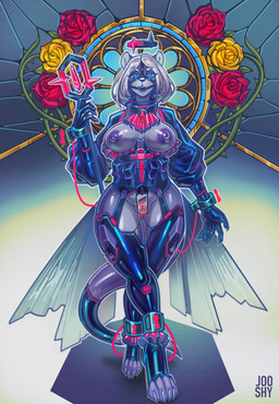 anthro bdsm big_breasts black_clothing black_latex black_legwear black_thigh_highs blue_eyes breastless_clothing breasts chastity_belt chastity_device clothing collar female footwear fur gag gagged garter_straps hair halo latex latex_clothing latex_legwear latex_thigh_highs legwear looking_at_viewer nipples purple_body purple_fur purple_nipples ring_gag solo stained_glass tail thick_thighs thigh_highs toeless_footwear white_hair wide_hips jooshy marius_(fursona) mammal mustelid otter 2026 hi_res