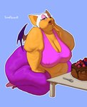 anthro big_breasts blush breasts cake cleavage clothed clothing dessert female food huge_breasts morbidly_obese nipple_outline obese overweight solo thick_thighs wide_hips wings totesfleisch8 sega sonic_the_hedgehog_(series) rouge_the_bat bat mammal absurd_res hi_res