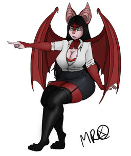 anthro bat_nose big_breasts big_ears black_hair bottomwear bra bra_peek breasts cleavage clothed clothing collared_shirt curvy_figure dress_shirt eyewear female fur gesture glasses gloves_(marking) green_eyes hair hand_gesture legwear long_hair markings membrane_(anatomy) membranous_wings multicolored_body multicolored_fur open_mouth pointing red_body red_fur shirt sitting skirt solo squish stockings thick_thighs thigh_squish topwear two_tone_body two_tone_fur underwear unimpressed wings mistress_ruby_(artist) charlotte_rayner bat mammal hi_res