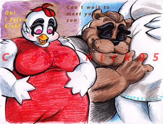 4_fingers anthro arms_bent beak belly big_belly big_breasts black_clothing black_eyebrows black_eyelids black_nose black_shirt black_t-shirt black_topwear blush breasts brown_body brown_fur brown_hair cheek_tuft clothing dialogue dress duo eyebrows eyelashes eyes_closed facial_tuft fangs feather_hair feather_hands feathers female female_anthro fingers fur hair hand_on_belly hand_on_head hands_on_own_belly happy interspecies light love male male/female male_anthro non-mammal_breasts open_beak open_mouth open_smile orange_beak pink_eyes pregnant pregnant_anthro pregnant_female pseudo_hair red_clothing red_dress red_hair shirt short_hair simple_background slicked_back_hair smile smiling_at_self standing t-shirt teeth text text_on_clothing text_on_dress thick_eyebrows toothed_beak topwear tuft whisker_spots white_body white_clothing white_dress white_feathers yelling cageyshick05_(artist) five_nights_at_freddy's scottgames chica_(fnaf) freddy_(fnaf) hen_chica_(cageyshick05) avian bear bird brown_bear chicken galliform mammal phasianid ursine 2015 artist_name colored colored_pencil_(artwork) english_description english_text lighting marker_(artwork) multiple_images shaded traditional_media_(artwork)