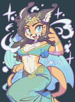 accessory anthro belly_dancer black_hair blue_eyes bracelet breasts cleavage clothed clothing crop_top cute_fangs eyelashes fangs female grey_background hair harem_outfit headband jewelry necklace open_mouth shirt simple_background solo tail teeth topwear translucent translucent_clothing whiskers sanjiro caracal caracal_(genus) felid feline mammal