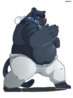 anthro belly blue_eyes bottomwear clothing humanoid_hands male melanistic navel overweight overweight_anthro overweight_male pants simple_background solo white_background bluewhale127 felid mammal pantherine tiger 2015 3:4 hi_res