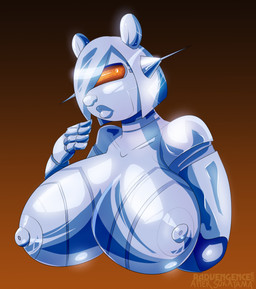 alternate_species anthro big_breasts breasts chrome female glistening glistening_body hair hair_over_eye huge_breasts machine metallic_body nipples nude silver_body simple_background solo radvengence bernie_(radvengence) bear mammal robot robot_anthro absurd_res digital_media_(artwork) hi_res