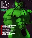 abs animal_genitalia anthro athletic balls barbel_(anatomy) biceps big_muscles big_penis biped black_nipples fictional_magazine_cover flesh_whiskers fur genitals green_body green_fur half-erect hand_on_hip horn humanoid_genitalia humanoid_penis jewelry looking_at_viewer male muscular muscular_anthro muscular_male necklace nipples nude pecs penis pose sheath solo standing text whiskers yellow_eyes donryu asian_mythology east_asian_mythology mythology dramon dragon eastern_dragon mythological_creature mythological_scalie scalie 2013 5:6 cover english_text hi_res magazine_cover