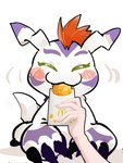 :3 ambiguous_gender blush duo eating eyes_closed feeding feral fur hair hash_brown red_hair simple_background white_background white_body white_fur lanllan bandai_namco digimon mcdonald's digimon_(species) gomamon human mammal 3:4