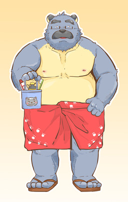 4_toes anthro barefoot clothing eyewear facial_hair feet flip_flops footwear glasses humanoid_hands kemono male mature_male moobs musclegut muscular muscular_male mustache nipples overweight overweight_anthro overweight_male paws sandals shoes simple_background solo toes towel andikapatok bear mammal 2015 absurd_res hi_res