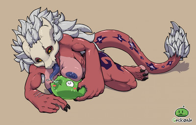 4_toes 5_fingers anthro arm_scar between_breasts black_sclera bodily_fluids bone breasts captured claws duo feet female fingers fluffy fluffy_tail grabbing_another grey_hair hair licking long_hair long_tongue markings muscular muscular_female nervous nipples purple_markings purple_nipples purple_tongue red_body saliva saliva_string scar skull skull_head spiky_hair tail tail_scar toes tongue yellow_eyes geckone marrow_(geckone) goo_creature monster slime_(blob) unknown_species hi_res