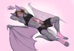 anthro athletic_wear bat_nose bat_wings big_ears big_penis blush bottomwear brown_hair bulge clothing crop_top erection fangs femboy footwear fur genitals grey_body grey_fur gym_bottomwear gym_shorts hair humanoid_genitalia humanoid_penis lying male membrane_(anatomy) membranous_wings on_back penis shirt shoes shorts solo teeth toeless_footwear toeless_shoes topwear wings indigochto nacho_(feril) bat mammal hi_res