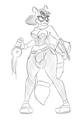 anthro areola big_breasts blood bodily_fluids breasts bulge cleavage clothed clothing corset crossbow dagger dripping gynomorph intersex knife lingerie mask melee_weapon piercing ranged_weapon scar solo topwear weapon jrvanesbroek mammal procyonid raccoon 2015 black_and_white digital_drawing_(artwork) digital_media_(artwork) hi_res monochrome sketch