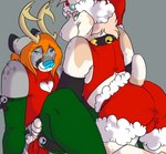 anthro antlers bell bottomwear boxers_(clothing) christmas_clothing christmas_headwear clothed clothing collar costume dominant duo femboy furgonomics headgear headwear holidays horn legwear male male/male santa_costume skirt stockings tail tail_through_skirt topwear underwear vest possumgod christmas peaches_(heartbreaker) wendy_the_deer bull_terrier canid canine canis deer domestic_dog hunting_dog mammal terrier absurd_res hi_res shaded