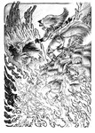 boots bottomwear burning clothed clothing death detailed_background digitigrade fire footwear fully_clothed furgonomics group hair long_hair open_mouth outside pants rear_view shoes trio lachland-nightingale canid canine fox mammal hi_res monochrome pen_(artwork) traditional_media_(artwork)