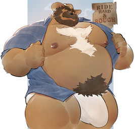anthro beard belly_tuft blue_clothing blue_shirt blue_topwear brown_body brown_tuft bulge chest_tuft claws clothed clothing cowboy cowboy_hat facial_hair genitals half-erect hat headgear headwear looking_at_viewer male musclegut muscular muscular_anthro muscular_male mustache nipples open_clothing open_shirt open_topwear opening_shirt overweight overweight_anthro overweight_male paper penis pubes shirt simple_background smoke solo standing text topwear tuft underwear white_background white_tuft kb_kororoman scruffy_(scruffybeast) bear mammal english_text hi_res