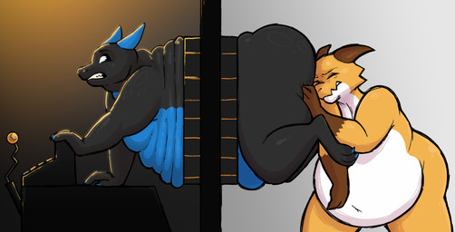 anthro belly big_belly big_butt black_body blue_belly blue_body blue_eyes blue_horn butt duo fat_rolls feralstuck64 horn lever looking_back male navel obese overweight pushing_in struggling stuck teeth thick_arms thick_calves white_body yellow_body thetunafish kobold scalie hi_res