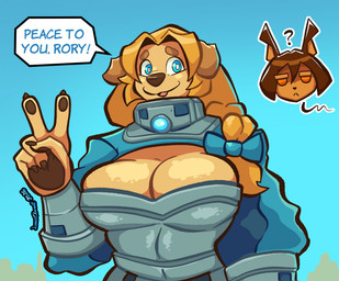 anthro armor big_breasts blonde_hair blue_eyes braided_hair braided_ponytail breastplate breasts claws cleavage clothed clothing dialogue duo female finger_claws fur gesture hair hand_gesture hand_pawpads ponytail question_mark solo_focus tan_body tan_fur text v_sign louis_charvill dog_knight_rpg jeane_(ceehaz) rory_(ceehaz) bird_dog canid canine canis dobermann domestic_dog golden_retriever hunting_dog mammal pinscher retriever 2026 absurd_res english_text hi_res