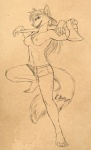 anthro axe backwards_baseball_cap backwards_hat baseball_cap breasts clothed clothing female hair hat headgear headwear melee_weapon nipples ponytail skimpy solo tail tomboy topless weapon kittiara canid canine canis mammal wolf hi_res monochrome