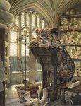 ambiguous_gender book candle candlestick day detailed_background eyewear feathered_wings feathers feral glasses inside lectern loose_feather perching quill scroll solo window wings writing_text yellow_eyes chris_dunn avian bird owl 2014 traditional_media_(artwork)