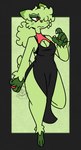 anthro blush bra breasts cleavage cleavage_cutout clothed clothing cutout dress female green_body green_hair hair hair_over_eye ponytail ring solo underwear wide_hips nerdyreindeer nintendo pokemon paprika_(nerdyreindeer) domestic_cat felid feline felis floragato generation_9_pokemon mammal pokemon_(species) hi_res