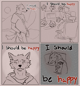 4_panel_comic anthro bed bottomwear chair clothing computer depression electronics eyes_closed frown furniture gaming_chair hand_in_pocket lying lying_on_bed male on_bed pants pillow pockets sad shirt sitting solo text topwear crypticole canid canine canis mammal wolf comic handwritten_text hi_res