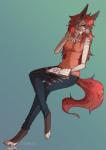 anthro barefoot blue_background digitigrade feet female fur grey_body grey_fur hair red_hair simple_background solo ayuukuro canid canine canis domestic_dog mammal 2017 hi_res