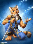 anthro kaytaysis male martial_arts martial_arts_uniform melee_weapon solo sportswear sword weapon thedammitch legend_of_kay kay_(legend_of_kay) felid mammal pantherine tiger 3:4 hi_res