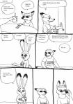 anthro bernielover beverage canid canine clothed clothing comic disembodied_hand disney duo_focus english_text eyewear female food fox fur group hi_res judy_hopps lagomorph leporid long_ears male mammal money monochrome nick_wilde rabbit red_fox simple_background smile speech_bubble sunglasses text true_fox white_background zootopia