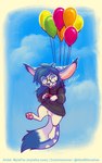 anthro attached_to_balloon balloon balloon_support blep blue_body blue_fur blue_hair blue_nose bottomless clothed clothing cloud eyes_closed eyewear featureless_crotch female front_view fur glasses grey_clothing grey_topwear hair hanging_from_balloon happy inflatable inflatable_support markings outside pawpads pink_pawpads round_glasses sky solo striped_body striped_fur striped_markings striped_tail stripes tail tail_markings tongue tongue_out topwear white_body white_fur mylafox mylafox_(character) canid canine caracal caracal_(genus) felid feline fennec_fox fox hybrid mammal true_fox 2020 5:8 dated full-length_portrait hi_res portrait signature