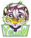 anthro collar fur green_eyes hair looking_at_viewer male simple_background smile solo text gard3r yellow_(character) felid leopard mammal pantherine english_text traditional_media_(artwork)