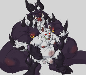 anthro duo erection foreskin genitals hooves horn humanoid_genitalia humanoid_penis male male/male multi_horn nipple_piercing nipples nude overweight penis piercing size_difference tongue tongue_out transformation unretracted_foreskin demonrat bovid caprine goat mammal murid murine rat rodent absurd_res hi_res