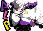 anthro black_nose clothing cute_fangs fangs fur hat headgear headwear humanoid_hands male overweight overweight_anthro overweight_male purple_body purple_fur shirt solo teeth text tongue topwear yellow_sclera pihii3 lifewonders tokyo_afterschool_summoners alp_(tas) bear giant_panda mammal 2019 english_text hi_res