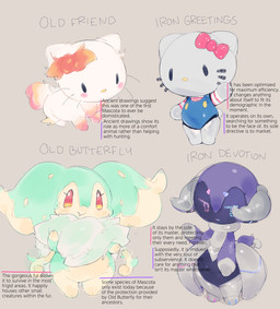 2_horns ambiguous_gender beady_eyes biped black_eyes blue_clothing blue_overalls blush bow_ribbon caption chibi clothing cute_fangs empty_eyes eyelashes fangs featureless_feet featureless_hands feet feral fluffy fur grey_body group horn machine metallic_body mouth_closed mouthless multicolored_body multicolored_eyes neck_tuft overalls pink_blush pink_ribbon purple_body quadruped red_eyes screen screen_face shirt simple_background simple_eyes standing tail tan_background tan_body teal_body teeth text topwear tuft whiskers white_body white_fur yellow_nose ligma_(artist) fakemon hello_kitty_(series) nintendo pokemon sanrio hello_kitty_(character) ancient_pokemon audino domestic_cat felid feline felis generation_5_pokemon generation_8_pokemon indeedee mammal paradox_pokemon pokemon_(species) robot robot_anthro 2026 crossover digital_drawing_(artwork) digital_media_(artwork) english_text handwritten_text hi_res