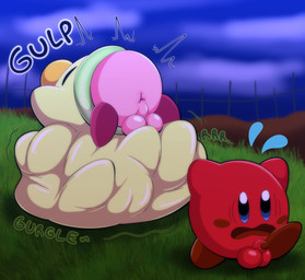 anus balls belly big_belly digestion digestion_noises genitals grass group lips male motion_lines multiple_prey night onomatopoeia penis plant running sound_effects struggling struggling_prey swallowing text thick_lips unwilling_prey vore tepigfan101 kirby_(series) nintendo kirby alien snooter_(kirby) waddling_head 2025 absurd_res digital_media_(artwork) hi_res