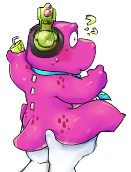 accessory ambiguous_gender anthro blush carrying_another duo electronics headphones humanoid_hands necktie pink_body question_mark sitting size_difference solo_focus thebunslover gameoverse glitch_productions gobbles_(gameoverse) dinosaur prehistoric_species reptile scalie 2026 hi_res