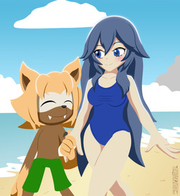anthro beach blue_eyes blue_hair blush breasts brown_body brown_fur clothed clothing duo eyes_closed fangs female fur hair happy light_body light_skin long_hair male medium_breasts one-piece_swimsuit smile swimming_trunks swimwear tail teeth topless topless_anthro topless_male buster_shiru fire_emblem fire_emblem_awakening nintendo sega sonic_the_hedgehog_(series) fan_character lucina_(fire_emblem) solas_the_wolf canid canine canis human mammal wolf 2024 absurd_res crossover digital_media_(artwork) hi_res