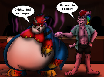 anthro armor belly big_belly blue_body bodily_fluids claws dialogue duo exhausted huge_belly male male/male muscular obese overweight standing sweat tail teasing tongue tongue_out white_belly white_body swsu-master bandai_namco digimon mythology digimon_(species) dragon flamedramon gomamon mythological_creature mythological_scalie scalie 2016