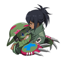 anthro armor black_hair claws duo eyewear goggles hair headgear helmet hug male ponytail sharp_teeth smile teeth carlimart bandai_namco digimon digimon_beatbreak granit_(digimon_beatbreak) digimon_(species) human ludomon mammal hi_res
