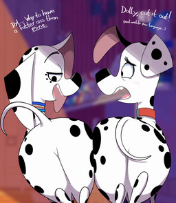 ass_to_ass big_butt blush both_sexes_in_same_situation butt butt_focus collar comparing comparing_butts dialogue duo embarrassed featureless_crotch female feral jack_and_jill male male/female pink_tongue presenting presenting_hindquarters rear_view take_your_pick text thick_thighs tongue toony wide_hipped_female wide_hipped_feral wide_hipped_male wide_hips young young_feral felris 101_dalmatian_street 101_dalmatians disney dolly_(101_dalmatians) dylan_(101_dalmatians) canid canine canis dalmatian domestic_dog mammal absurd_res english_text hi_res