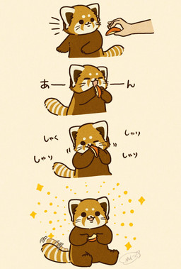 brown_body chibi dot_eyes duo eating feral food happy humanoid_hands kemono open_mouth simple_eyes sitting tail tail_motion tailwag shi_nominmin ailurid mammal red_panda 2024 hi_res
