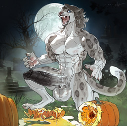 balls big_balls big_penis black_hair bodily_fluids cemetery cum food fruit fur genital_fluids genitals glans hair huge_penis humanoid_genitalia humanoid_penis hyper hyper_genitalia hyper_penis implied_transformation male penis plant pumpkin solo white_body white_fur totsaarkonn smores_(kathylynx) felid mammal pantherine snow_leopard werecreature werefelid absurd_res hi_res nonbinary_(lore)