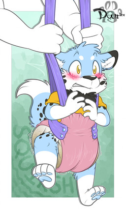 anthro baby_bouncer big_diaper black_body black_fur blue_body blue_fur blue_tail blush blush_lines bodily_fluids clothed clothing diaper dipstick_tail ears_aside feces fur genital_fluids holding_object huge_diaper male markings multicolored_body multicolored_fur pooping shirt soiled_diaper soiling soiling_diaper solo sound_effects spots spotted_body spotted_fur standing tail tail_markings teeth text three-quarter_view topwear unclean_diaper urine used_diaper using_diaper white_body white_fur white_tail_tip yellow_clothing yellow_shirt yellow_topwear young artistakita balenty canid canine canis mammal wolf 2024 absurd_res english_text hi_res