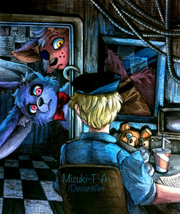 beverage black_nose blonde_hair bottomwear bow_tie camera clothing confusion door freckles fur group hair hook inner_ear_fluff long_ears looking_at_another machine male plushie purple_body purple_fur red_body red_eyes red_fur red_hair security security_guard shorts tuft mizuki-t-a five_nights_at_freddy's scottgames bonnie_(fnaf) foxy_(fnaf) animatronic canid canine fox human lagomorph leporid mammal rabbit robot 2017 hi_res signature