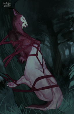 anthro areola barbell_piercing bdsm biped bondage bound breasts brown_body brown_fur claws crotch_rope detailed_background female frogtied fully_bound fur genitals hands_behind_back helpless legs_tied looking_at_viewer navel nipple_barbell nipple_piercing nipples nude pawpads paws piercing red_body red_eyes red_fur restraints rope rope_bondage solo suspension tail tied_muzzle tied_to_tree vulva whiskers white_body white_fur mathc0re mammal 2024 absurd_res digital_media_(artwork) digital_painting_(artwork) hi_res painting_(artwork)