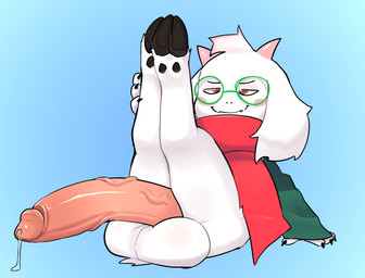 anthro balls big_balls big_penis blush bodily_fluids bottomless claws clothed clothing dripping erection eyewear floppy_ears foreskin fur genital_fluids genitals glasses hair hooves horn huge_balls huge_penis humanoid_genitalia humanoid_penis hyper hyper_genitalia hyper_penis long_ears long_penis looking_at_viewer male penis penis_tuck precum precum_drip precum_string presenting presenting_balls presenting_penis retracted_foreskin scarf small_but_hung smile smug solo thick_penis vein veiny_penis white_body white_fur young young_anthro young_male kinkykong deltarune undertale_(series) ralsei bovid caprine goat mammal hi_res