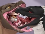 ambiguous_gender anthro black_body blonde_hair bodily_fluids brown_body fangs feral fur group hair in_mouth mouth_shot narrowed_eyes open_mouth oral_vore orange_body orange_eyes orange_fur pink_tongue red_eyes red_sclera red_tongue saliva saliva_string sharp_teeth side_view simple_background teeth tongue tongue_out trio vore white_body white_fur yellow_eyes imperatorcaesar mythology dragon felid mammal mythological_creature mythological_scalie scalie 4:3 absurd_res hi_res