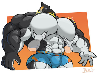 abs anthro beak biceps big_muscles clothed clothing hair huge_muscles male multicolored_body muscular muscular_anthro muscular_male pecs simple_background smile solo squeezing_pec behemoffs ben_the_penguin avian bird king_penguin penguin digital_media_(artwork) hi_res