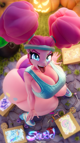 anthro athletic_wear big_breasts big_butt blue_eyes breasts butt cleavage clothed clothing female footwear hair hair_bun looking_at_viewer outside patreon_logo pink_body quad_skates roller_skates solo thick_thighs tongue tongue_out wide_hips conditional_dnp snuddy friendship_is_magic hasbro my_little_pony patreon pinkie_pie_(mlp) equid mammal 3d_(artwork) blender_(artwork) digital_media_(artwork) hi_res