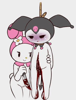 anthro barefoot blood blood_on_feet blood_on_leg bodily_fluids clothing corpse cyanosis dead_eyes duo eye_bags feet female genitals gore guts gutted hanged hoodie intestines killing knife murderer nude organs spade_tail stomach_wound tail tears topwear vulva e254e onegai_my_melody sanrio kuromi my_melody lagomorph leporid mammal rabbit absurd_res hi_res