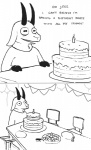 anthro balloon banner birthday birthday_cake bunting_(banner) cake candle clothed clothing decoration dessert dialogue food fur horn humor inflatable lonely lonely_birthday_party male pennant_banner sad solo text gud gud_(fursona) bovid caprine goat mammal 2016 black_and_white comic english_text monochrome